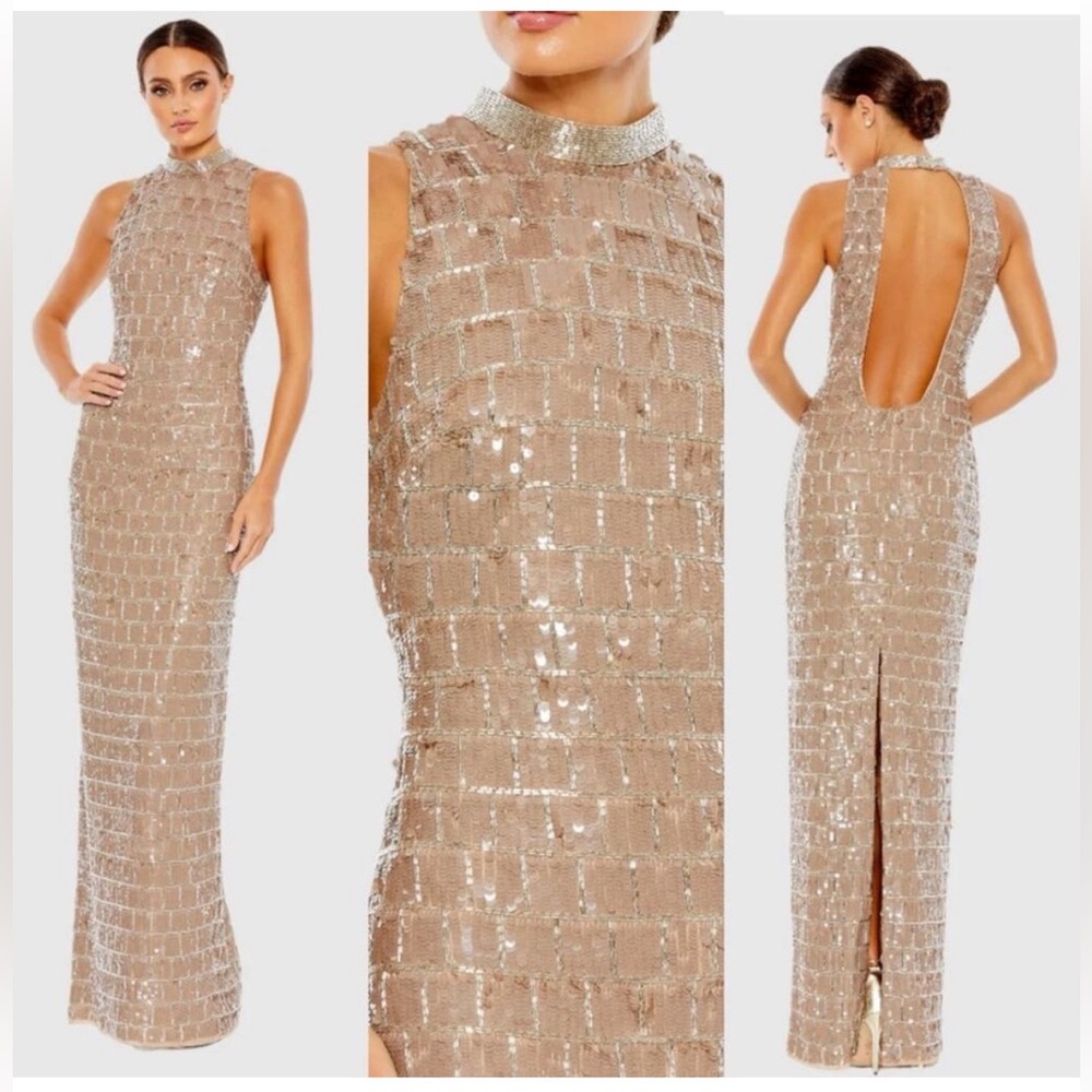 Mac Duggal Sequined High Neck Sleeveless Column Gown Dress